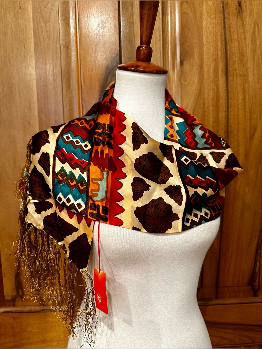 NWT Tongshi Silk Vibrant Multicolored Tribal-Patterned Silk Scarf w/Fringe